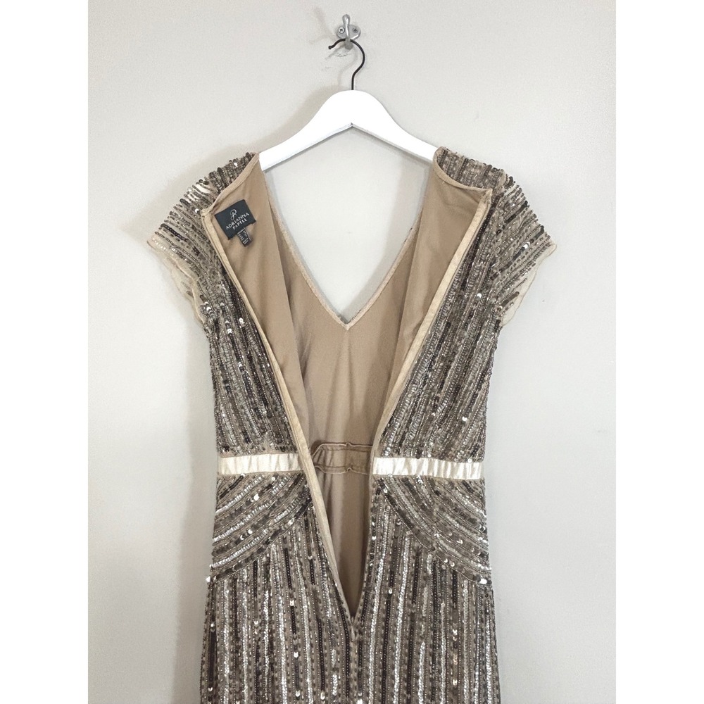 Adrianna Papell Beaded Sequin V-Neck Gown Cap Sleeve Maxi Dress Champagne Silver - Picture 16 of 16